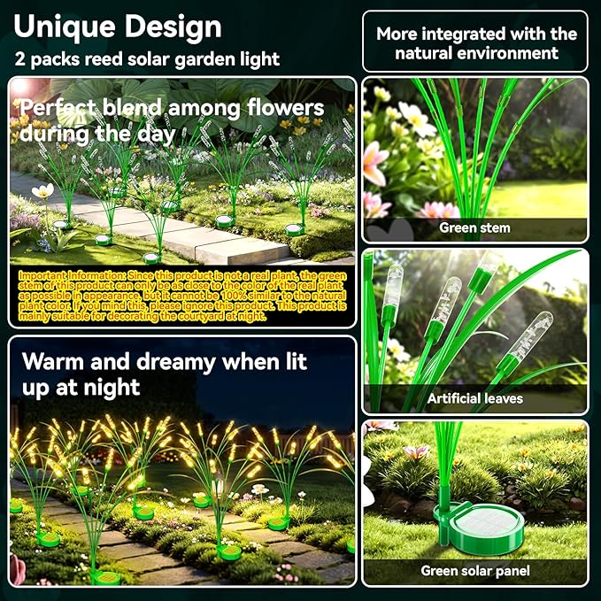 4 Packs Reeds Solar Garden Light 30 Inch Garden Solar Light with 24 Bulbs Intelligent Light Control System IP65 Waterproof Outdoor Solar Light for Decorating Yard Pathway(Warm Color)
