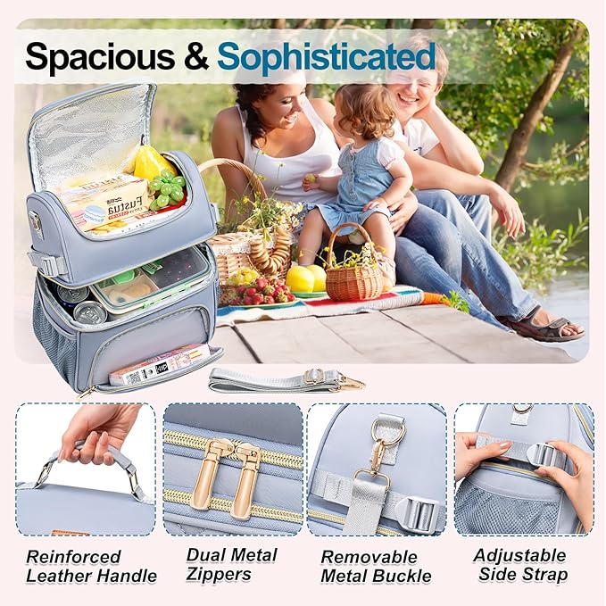 Lunch Bags for Women Dual Compartment Lunch Box Lunch Bag for Work Leakproof Lunch Cooler Large Insulated Lunchbox for Adult for Women Men Lunchbag for Picnic Beach (Gray)