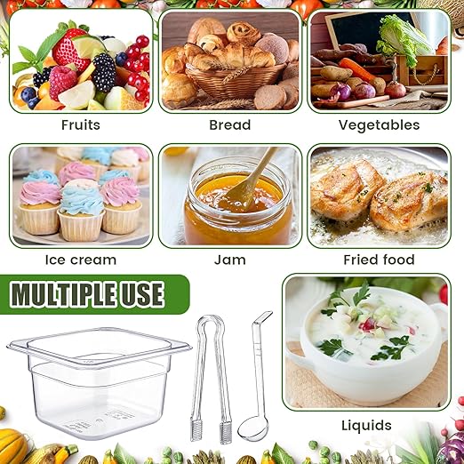 Rtteri 22 Pcs 1/6 Size Clear Plastic Pans Set: 16 Food Prep Containers &amp 2 Tongs &amp 4 Spoons for Salad Bar Buffet Restaurant Hotel Commercial Home for Fruit Vegetable Sauce Bean Corn Deli(4 Inc