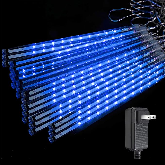 Christmas Lights Outdoor Meteor Shower Lights 24-Tube 576LEDs Snow Falling Rain Cascading Icicle Light for Xmas Tree Christmas Decorations Wedding Party Holiday Garden Decor UL Plug Blue