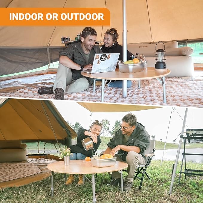 KingCamp Bamboo Round Folding Table Camping Table for Teepee Bell Tent 3 Fold Portable Camp Table with Heavy Duty Adjustable Height Aluminum Leg for Camping Picnic Indoor &amp Outdoor Card Game Dinni