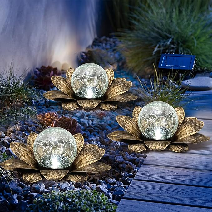LEWIS&ampWAYNE Solar Garden Lights Outdoor 3 Pcs Coppery Lotus Flower Pathway Lamps with Cool White Crackle Glass Globe Led Lights for Patio Pathway Yard Balcony Garden Decorations