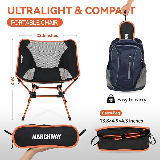 MARCHWAY Ultralight Folding Camping Chair Heavy Duty Portable Compact for Outdoor Camp Travel Beach Picnic Festival Hiking Lightweight Backpacking (Orange)