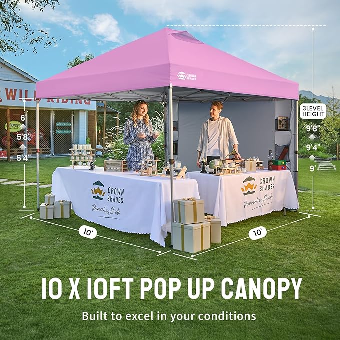 CROWN SHADES Canopy Tent 10 x 10 Foot Portable Pop Up Outdoor Shelter with Pocket Sidewall Push Center Lock UV Protection and Carry Bag Pink