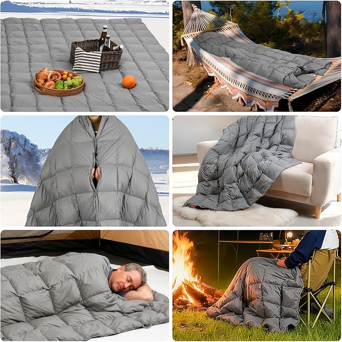 Down Camping Blanket - Lightweight Packable Warm &amp Puffy Outdoor Travel Quilt for Sleep Hiking Backpacking Stadium Festivals Water-Resistant Sleeping Bag 55x79