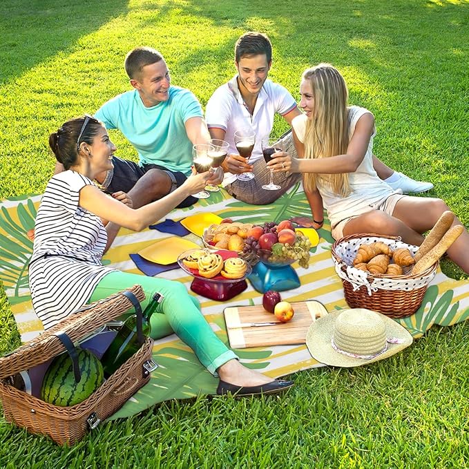 Waterproof Sandproof Beach Blanket 59''×68'' Plants Sequoia Leave Polyester Outdoor Picnic Blanket with 4 Stakes &amp Storage Bag for BeachCampingVacation