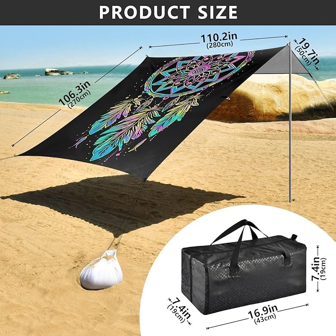 ALAZA Rainbow Dreamcatcher Bohemian Beach Tent Sun Shelter UPF50+ Protection Beach Shade Canopy w/ 4 Sandbags for Outdoor Camping Fishing Backyard Fun Picnic 10x9 ft