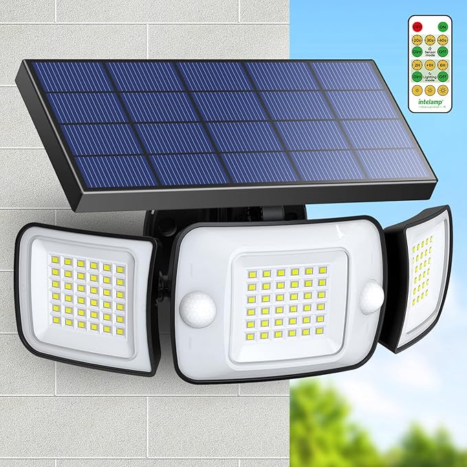 intelamp Outdoor Solar Light Waterproof 6000mAh 1200LM Motion Sesnsor Flood Lights with Dual Sensor 4 Modes Remote Control 270° Wide Angle Security Light for Garden Garage Yard Pathway Farm