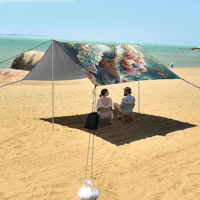 ALAZA Turtle Coral in Sea Beach Tent Sun Shelter UPF50+ Protection Beach Shade Canopy w/ 4 Sandbags for Outdoor Camping Fishing Backyard Fun Picnic 10x9 ft