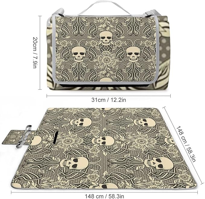 Vintage Halloween Black Victorian Gothic Skull Damask Waterproof Outdoor Picnic Blanket Sandproof Beach Mat for Camping Hiking Grass Travelling