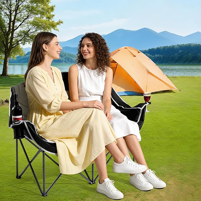 Double Camping ChairsOversized Foldable Camping Chairs with Cup Holders Heavy Duty Loveseat Couch for Adults Suitable for Indoor Outdoor Beach Support 600 lbs（Black/White）
