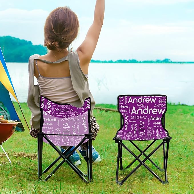 Sinestour Purple Custom Folding Camping Chair for Teen Child Personalized Name 14.6×14.6in Portable Outdoor Chair with Carry Bag for Picnic Lawn Travel
