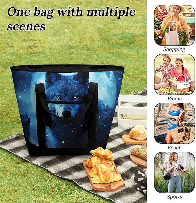 Insulated Shopping BagLarge Reusable Cooler Bags Wolfs Printed Foldable Shopping BagTravel Waterproof Shoulder Bag