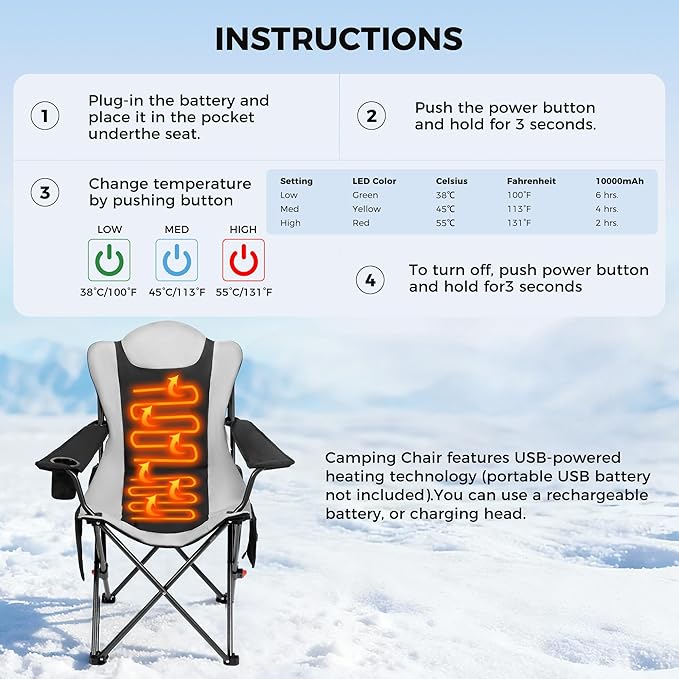 OUTSIDER Heated Camping Chair Heavy Duty 3-Position Folding Camp Chair with 3 Heat Levels Cup Holder &amp Side Storage - Outdoor Heating Camping Chair for Adults Supports 350lbsBattery Not Include