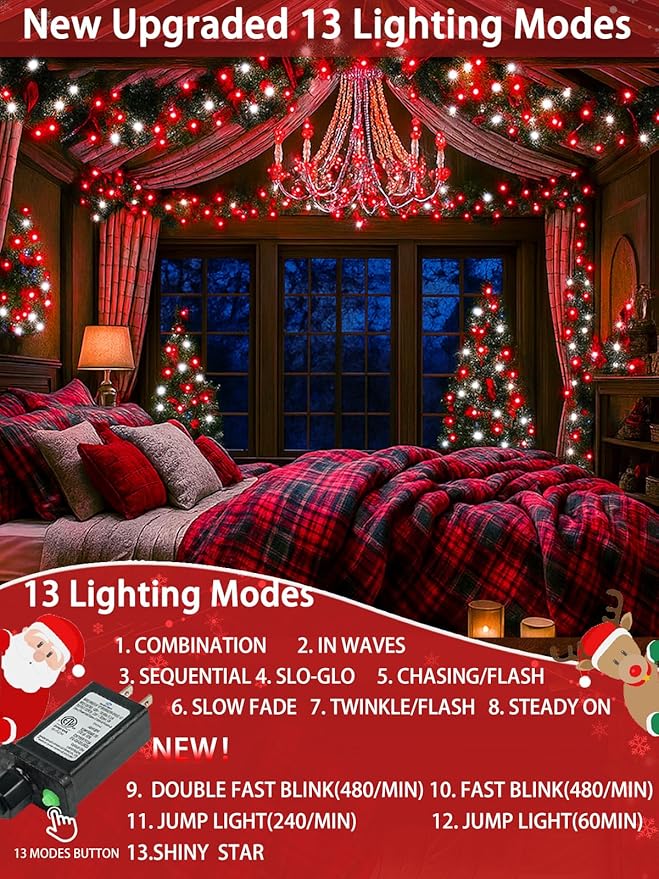 2-Pack 66FT 200 LED Christmas Lights 13 Modes Extendable Christmas Tree Lights with Timer &amp Memory Waterproof Twinkle Fairy Lights Green Wire Outdoor String Lights Indoor for Xmas Tree (Red Whit
