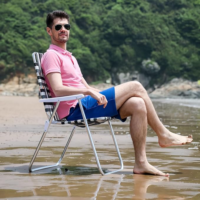 SunnyFeel 15 Tall Folding Webbed Lawn Beach Chair for Adults 2 Pack Oversized Portable High Seat Sand Chair Heavy Duty 300 LBS Foldable Camping Chairs for Camp/Outdoor/Picnic/Concert/Sports