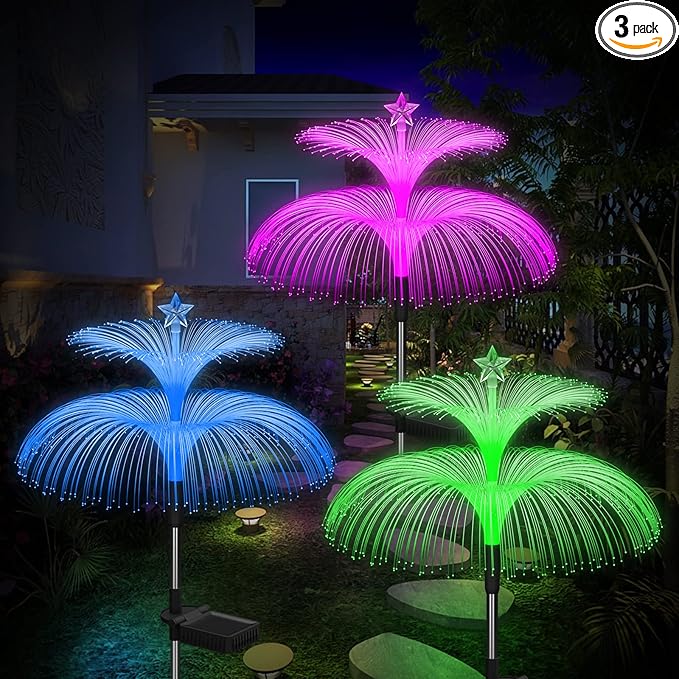 Solar Garden Lights 3 Pack New Upgraded Solar Lights Outdoor Waterproof 7 Color Changing Double Jellyfish and Star Flower Garden Decor Yard Lawn Christmas OutdoorGifts for Mother's Day Women