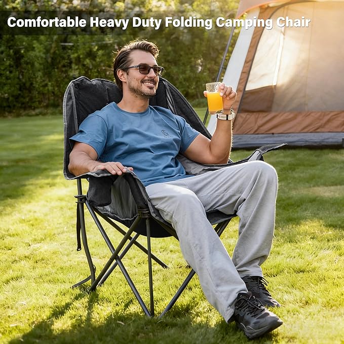 Oversized Camping Chair Portable Folding Padded Camp Chairs with Side Pocket Cup Holder Heavy Duty Support 500LBS Outdoor Lounge Chair for Adults Fishing Sports Trip Black