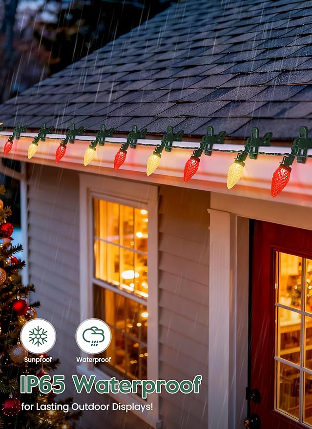 C9 LED Christmas Lights Outdoor 99 Feet 150 LED String with Spring Clips Waterproof Connectable Roofline Patio Home Xmas Decor Red &amp Warm White