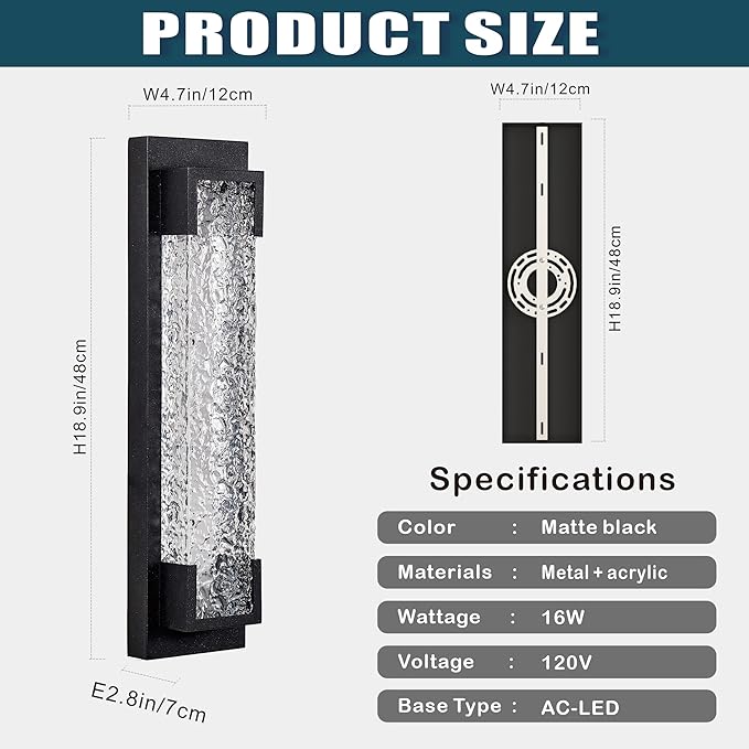 Hyunbae Outdoor Wall Light 18.9 Large LED Modern Outdoor Wall Sconce Waterproof Exterior Lighting Fixture with Acrylic Water Ripple Lamp 2700K Outdoor Porch Lights for House Garage Dimmable