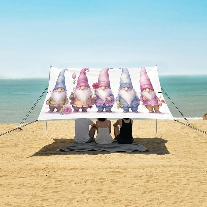 Cute Colorful Gnomes Beach Tent Sun Shelter 9.2' x 10.5' Beach Canopy with 4 Sandbags 4 Stability Poles Sand Shovels - Tent Canopy for Beach Camping Fishing Picnics