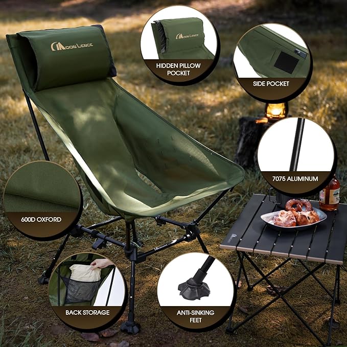 MOON LENCE Oversized High Back Camping Chair for Adults Height Adjustable Folding Chair with 400 lbs Capacity Hidden Pillow Pocket and Wide Seat for Camping Base Camp Fishing Overlanding Green