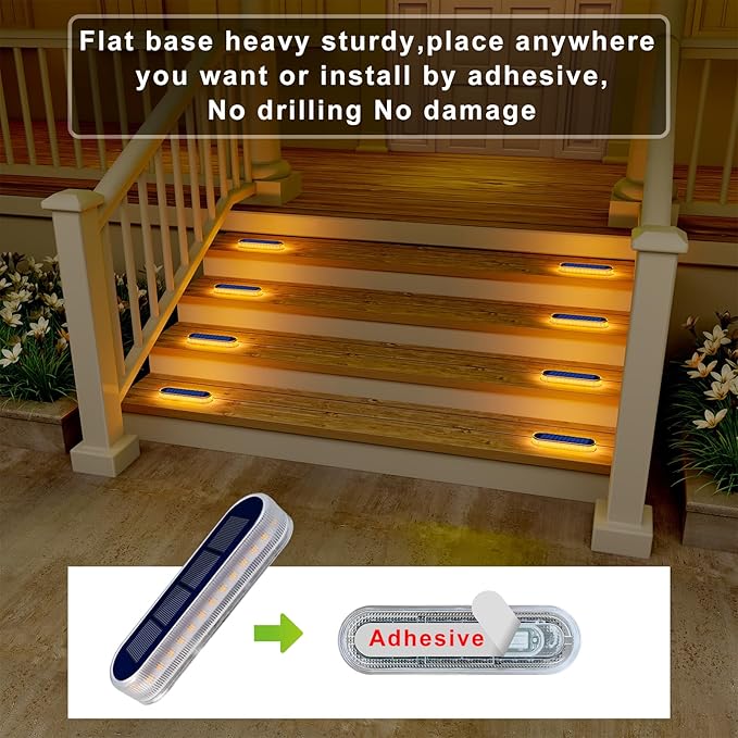 Solar Step Lights Outdoor Waterproof LED 4 Pack Warm White Flat Solar Powered Deck Lights for Outside Stick on Light Bar for Stair Dock Patio Garden Path Walkway Driveway Porch