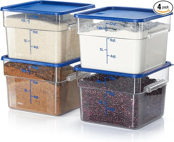 CURTA 4 Pack Food Storage Containers with Blue Lids - NSF Listed Commercial Grade in 12.0 Qt - Square Clear Polycarbonate