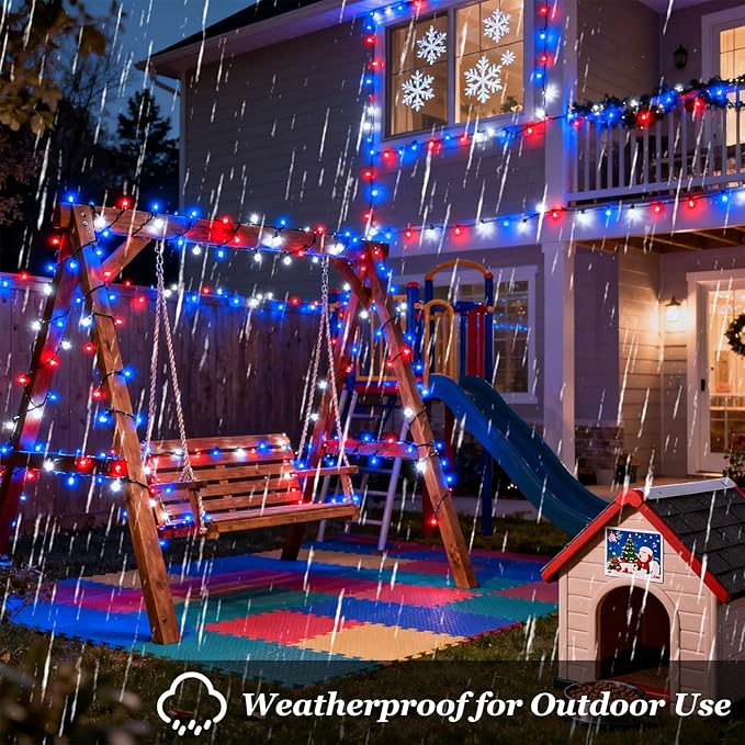 1500 LED 470FT Red White Blue 4th of July Patriotic Decorations String Lights with 12 Modes Timer &amp Dimmable Green Wire for Outdoor Indoor Christmas Holiday Soccer Party Independence Day Deco