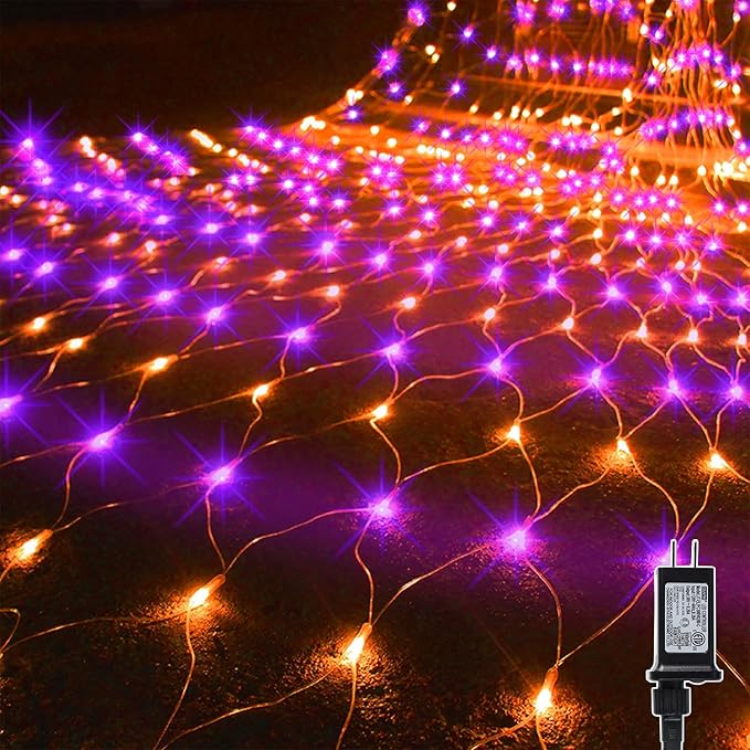 WATERGLIDE Outdoor Halloween Net Lights 12FT x 5FT 360 LED Fairy String Light with 8 Lighting Modes Connectable Light Safe Adaptor for Garden Tree Bushes Holiday Party Decorations Orange &amp Purp