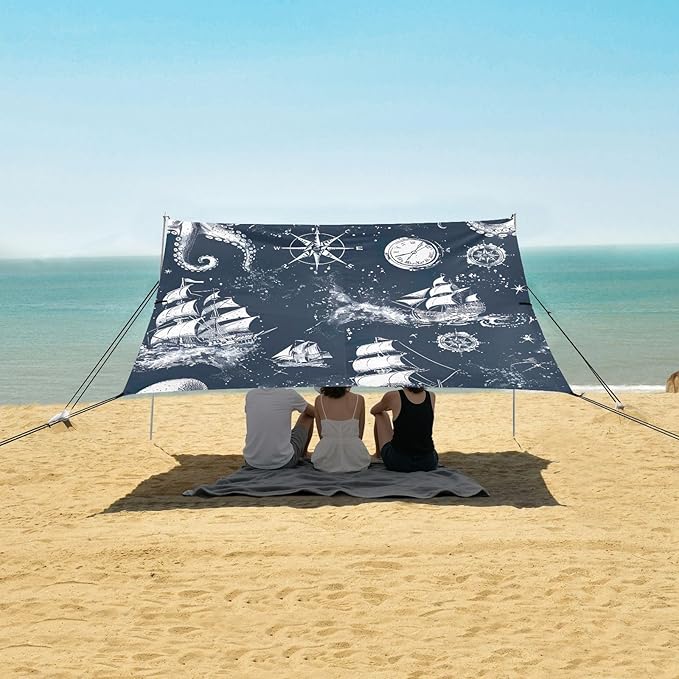 Vintage Nautical Theme Beach Tent Sun Shelter 9.2' x 10.5' Beach Canopy with 4 Sandbags 4 Stability Poles Sand Shovels - Tent Canopy for Beach Camping Fishing Picnics