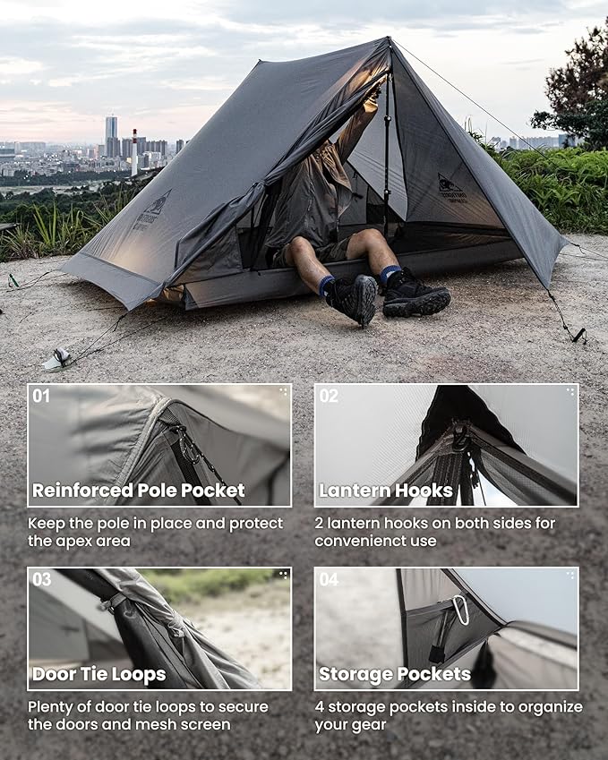 OneTigris HILLRIDGE Backpacking Tent Waterproof Windproof 2 Person Tent 20D SIL-Coated Nylon Single Layer Ultralight 3 Season Tent for Camping Hiking Canoeing Travel