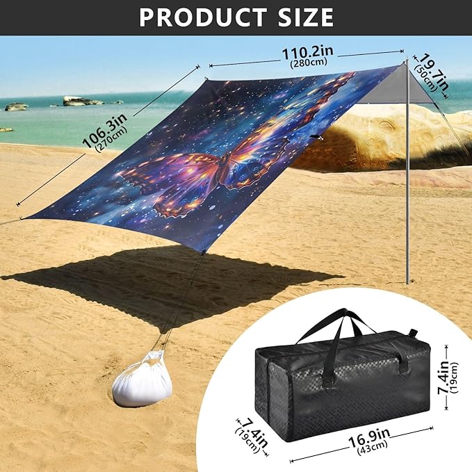 ALAZA Butterfly in Blue Galaxy Beach Tent Sun Shelter UPF50+ Protection Beach Shade Canopy w/ 4 Sandbags for Outdoor Camping Fishing Backyard Fun Picnic 10x9 ft