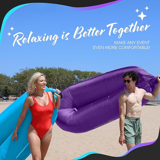 Nevlers Blue &amp Purple Inflatable Lounger 2 Pack | 210T Polyester Inflatable Chair | No-Pump Air Couch | Blow Up Couch Set w/ 450 lbs. Capacity Pockets &amp Carry Bags for Use as Beach Accessorie