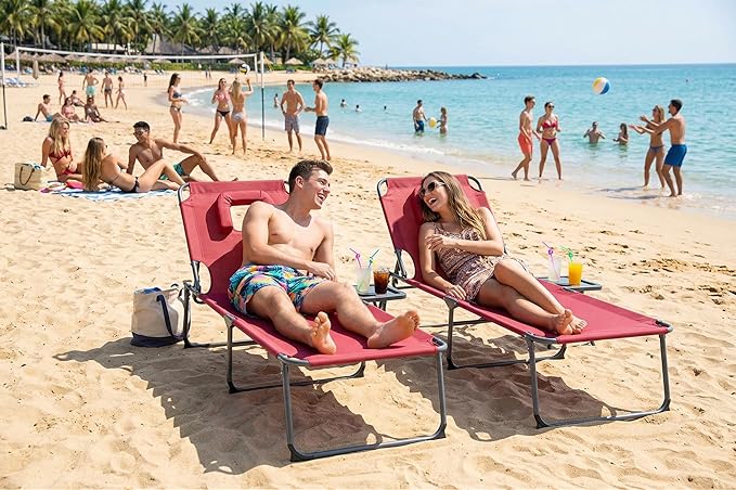 Tanning Chair with Face Hole Folding Beach Lounge Chair 5-Position Adjustable Backrest Face Down Chaise Lounge with Pillow and Side Pocket Portable for Poolside Patio Backyard Beach Red