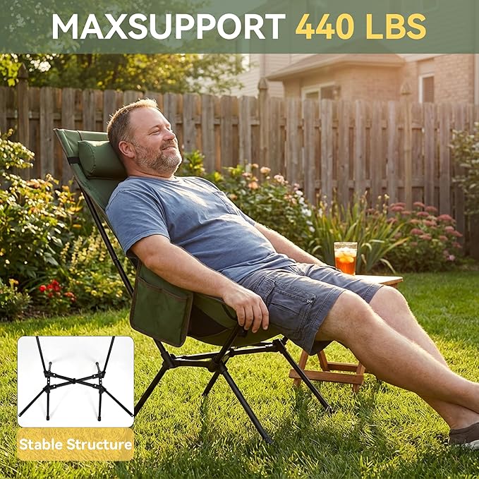 TOBTOS Portable High Back Camping Chair Support 440 lbs Ultralight Folding Chair with Head Support Compact Backpacking Chair for Outdoor Camp Backpacking Fishing (Green)