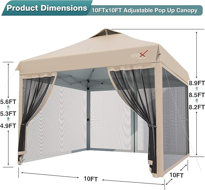 10x10 Pop Up Canopy Tent with Mosquito Netting Outdoor Portable Screen Tent for Yard Party Camping and Picnic 3 Height Positions Patio Gazebo with Roller Bag and 4 Sandbags Khaki