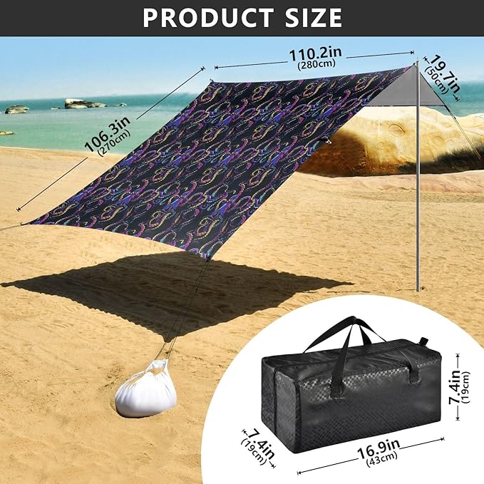 ALAZA Octopus Rainbow Color Beach Tent Sun Shelter UPF50+ Protection Beach Shade Canopy w/ 4 Sandbags for Outdoor Camping Fishing Backyard Fun Picnic 10x9 ft