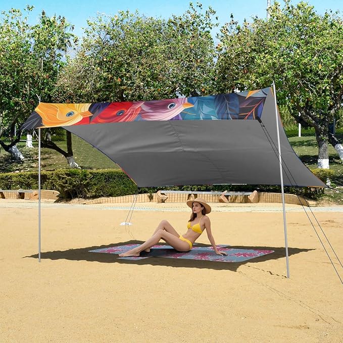 Colorful Cute Birds Beach Tent Sun Shelter 9.2' x 10.5' Beach Canopy with 4 Sandbags 4 Stability Poles Sand Shovels - Tent Canopy for Beach Camping Fishing Picnics