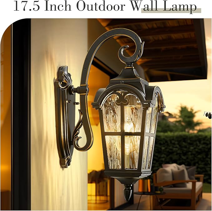 Emliviar Vintage Outdoor Lighting Fixture Wall Sconces with Water Ripple Glass 17.5 Front Porch Wall Lantern Black Finish with Gold Edges WE215B-SW BG