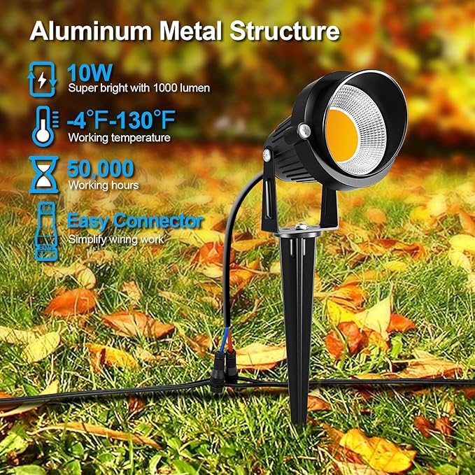 ZUCKEO 10W Low Voltage Landscape Lights LED Landscape Lighting with Connectors 12V Waterproof Outdoor Landscape Spotlights Floor Yard Lawn Best Garden Lights 1000LM Warm White (10Pack with Connector)