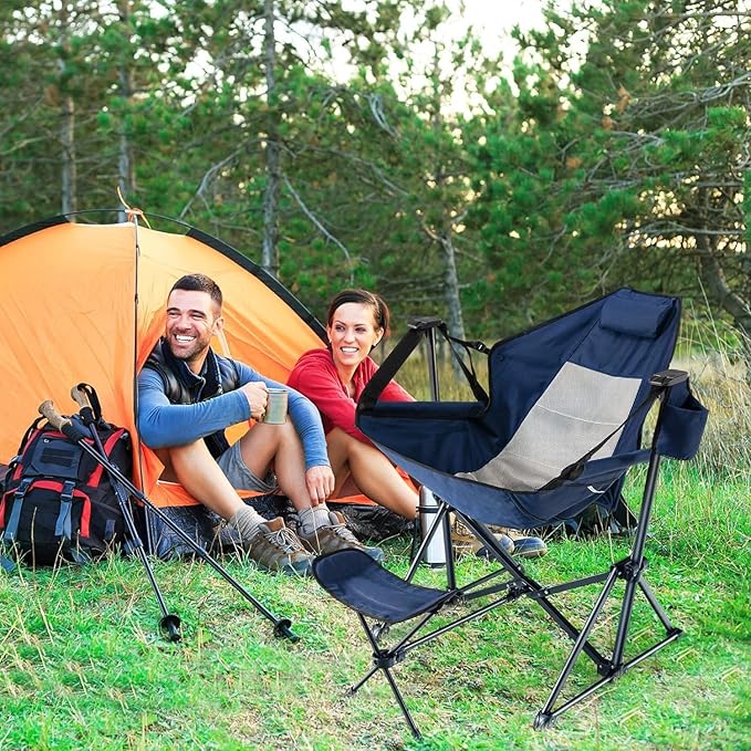 HAPPYGRILL 2-Pack Hammock Camping Chair Outdoor Folding Swinging Chair with Retractable Footrest Head Pillow Carrying Bag Included Portable Lightweight Rocking Chair for Camping Fishing Picnic