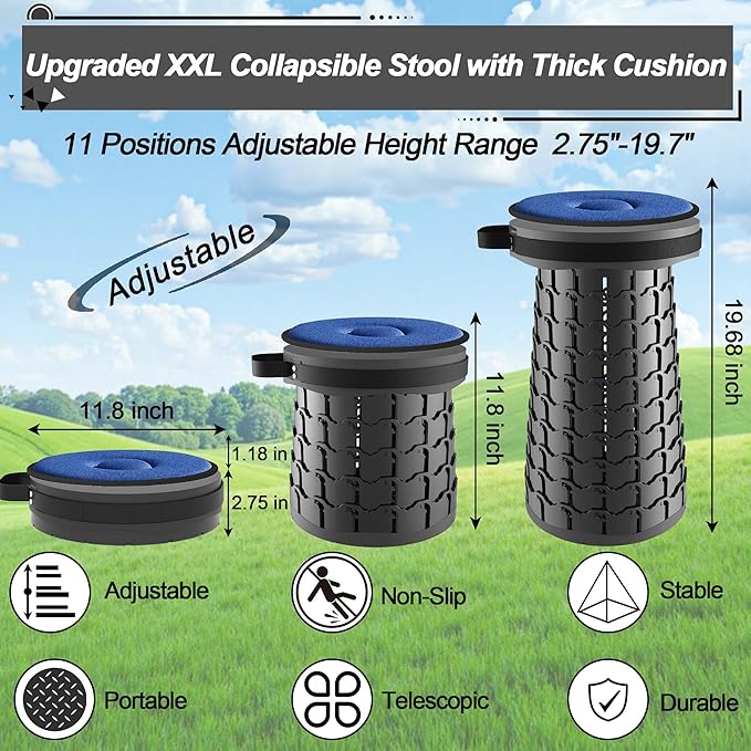 ALEVMOOM Upgraded XXL 19.7 Collapsible Stool with Cushion Heavy Duty Portable Folding Stool Max Load 1000 lbs Retractable Telescoping Foldable Seat Chair for Camping Fishing Travel