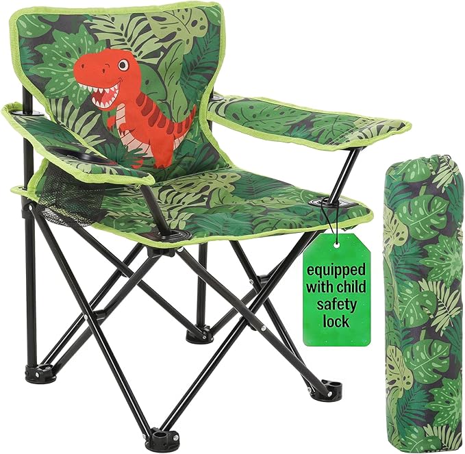 Padded Kids Camping Chair Folding Toddler Chair with Cup Holder &amp Safety Lock Portable Kids Beach Chair Ages 3-6 for Outdoor Camping Foldable Kids Chair Support 120lbsGreen Dinosaur
