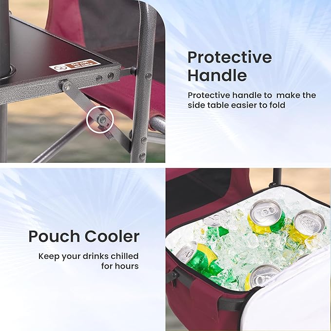 Director Camping Chair - 400lbs Heavy Duty with Cooler Bag &amp Foldable Side Tray Portable Outdoor Lawn Chair for Backyard/Fishing/Beach (Wine Red)