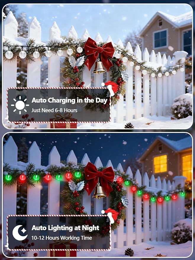 2-Pack 100 LED Red and Green Solar String Lights Outdoor - 64FT Crystal Globe Waterproof Solar Lights for Outside with 8 Lighting Modes for Patio Decorations Garden Wedding Party Porch Tree