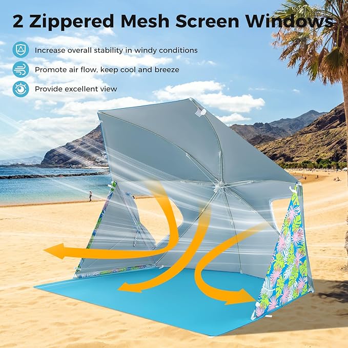 GYMAX Beach Umbrella Tent 2-in-1 Pop up Beach Tent UPF50+ with Carrying Bag Groundsheet Side Panels Sun Shelter for Outdoor Camping