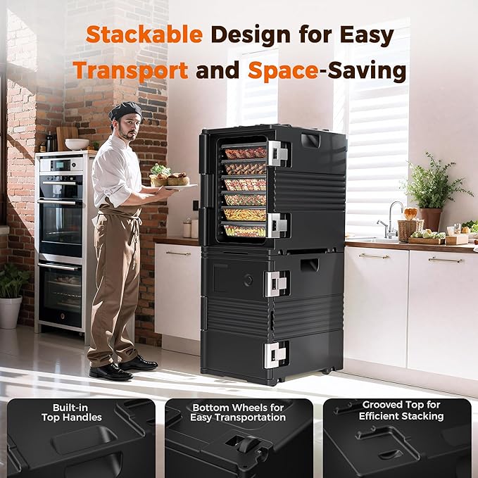 95Qt Non-Electrical Food Warmer with Wheels 304 Stainless Steel Latch Catering Food Warmers for Parties LLDPE Insulated Food Carrier for 6 Full-Size Pans(NOT Included) Hot Boxes for Catering