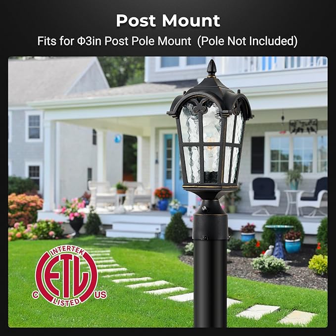 VIANIS Dusk to Dawn Outdoor Post Light Black 1-Pack Lamp Posts Outdoor Lighting with Pier Mount Base Waterproof Aluminum Outside Post Lights for Garden Patio Pathway (Hardwired 120VAC)