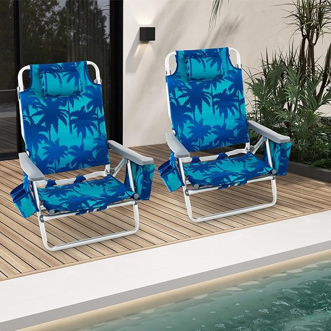 2-Pack Folding Beach Chairs Outdoor Patio Lawn Lounger with 5 Adjustable Position Cooler Pouch Headrest &amp Accessories Portable Camping Chairs for Outdoor Relaxation (1 Coconut Blue)